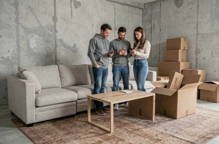 Couple vérifiant le prix d'un service de montage de meuble sur smartphone dans un salon avec cartons de déménagement