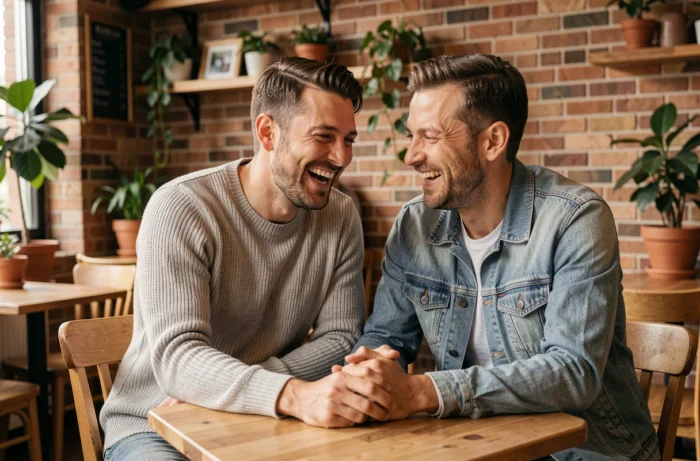 Deux hommes partageant un moment complice et chaleureux dans un café parisien