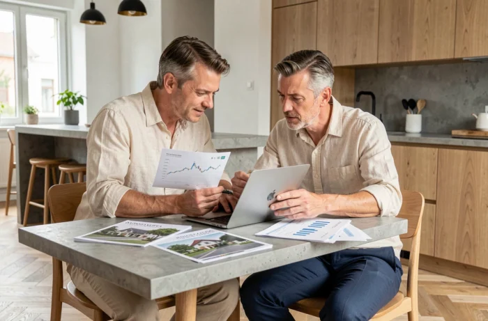 Couple étudiant des opportunités d'investissement immobilier autour d'une table avec des documents financiers