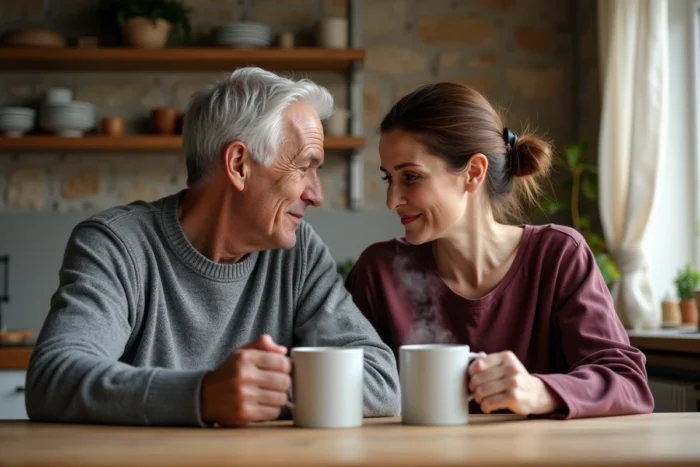 Un couple discret partageant un moment intime dans leur cuisine familiale rustique