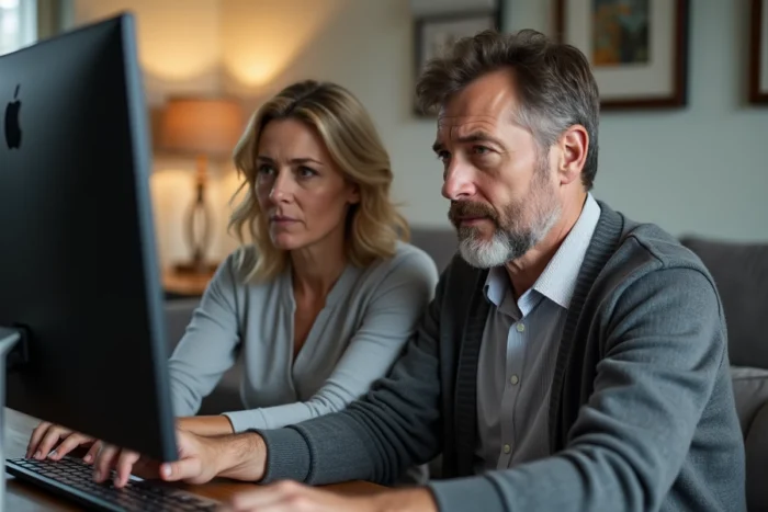 Couple regardant un message d'indisponibilité du site myfoncia sur un ordinateur de bureau pour accéder à leurs documents locatifs