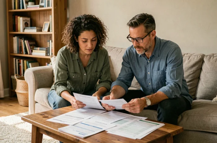 Couple passant en revue leurs finances ensemble dans le salon pour élaborer un plan de redressement financier commun