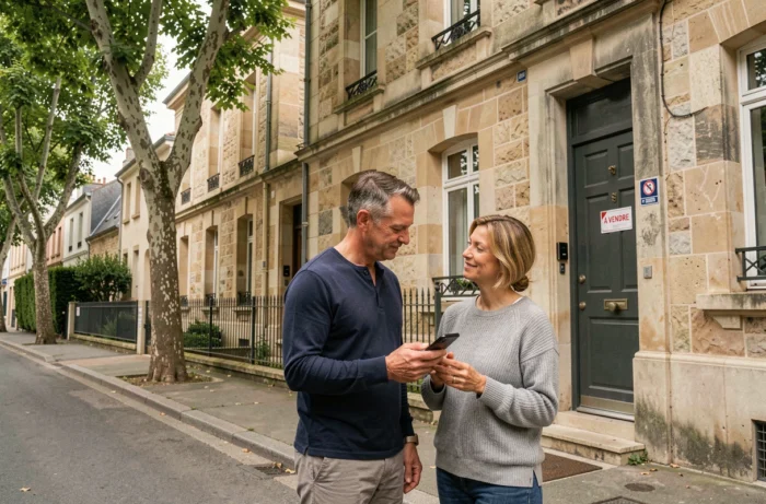 Couple consultant une annonce immobilière sur smartphone devant un immeuble résidentiel à vendre