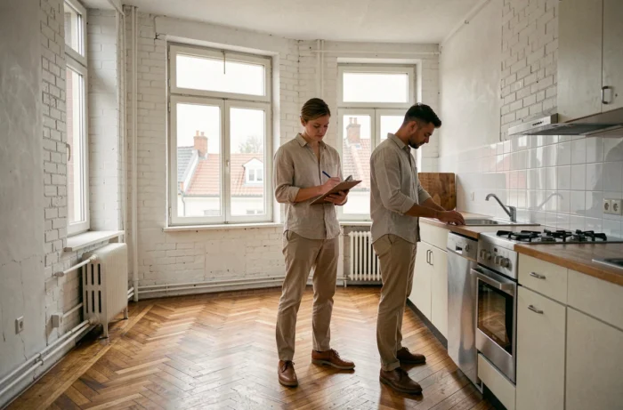 Couple visitant un appartement vide lors d'une visite locative avant signature