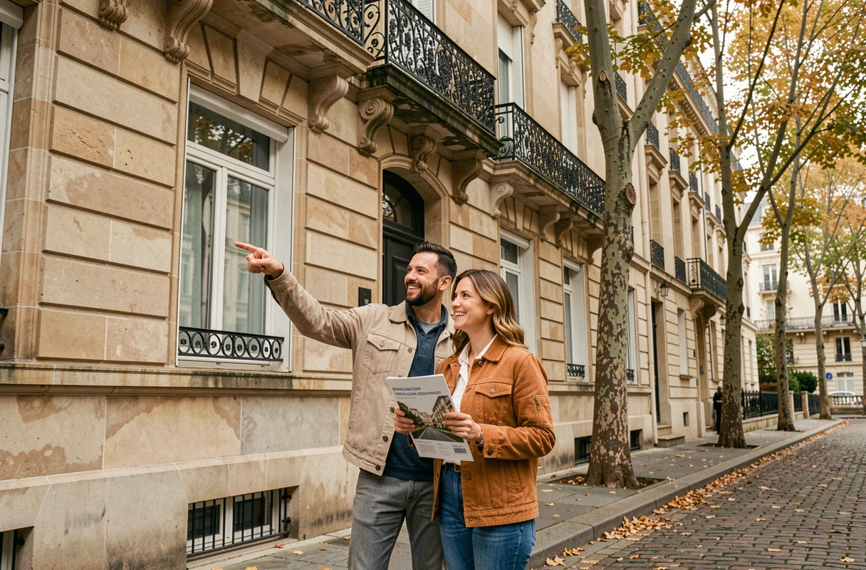 Couple visitant une maison rénovée en pierre dans une rue résidentielle française à l'automne 2024
