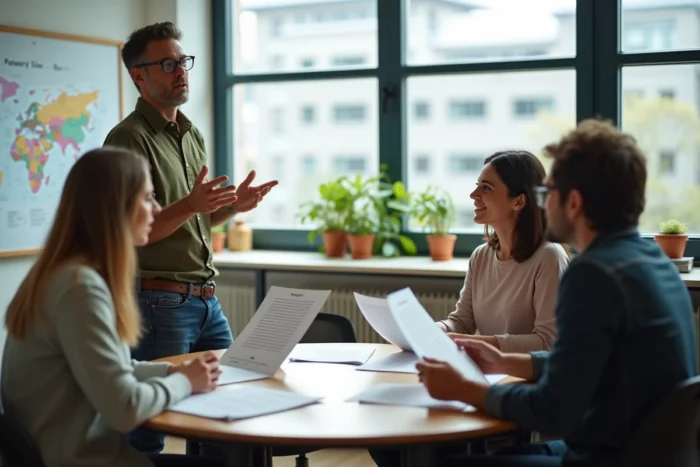 Groupe d'adultes suivant un cours collectif d'anglais avec un professeur expérimenté dans une salle de classe moderne avec tableau blanc