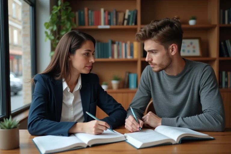 Professeure d'anglais expérimentée donnant un cours particulier à un étudiant adulte dans une salle d'étude chaleureuse avec des livres en arrière-plan