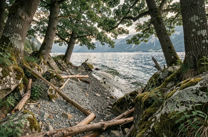 Crique sauvage déserte aux abords du lac du Bourget avec galets, bois flotté et végétation naturelle