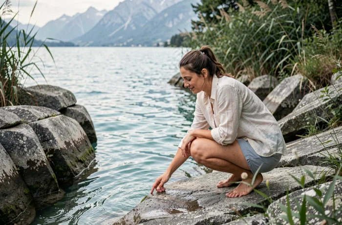 Femme explorant une crique sauvage au bord du lac du Bourget, touchant l'eau turquoise entre les rochers calcaires