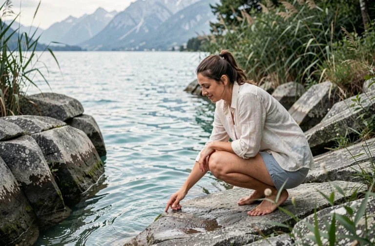 Femme explorant une crique sauvage au bord du lac du Bourget, touchant l'eau turquoise entre les rochers calcaires