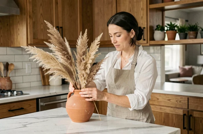 Femme arrangeant des fleurs séchées dans une cuisine moderne aux tons chauds pour décorer son intérieur