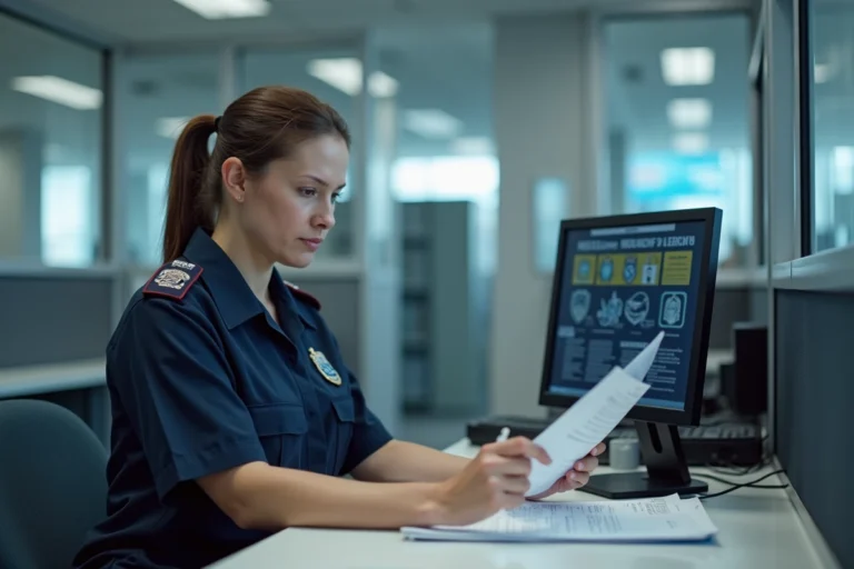 Agent administratif d'aéroport vérifiant un dossier de demande de badge aéroportuaire dans un bureau sécurisé