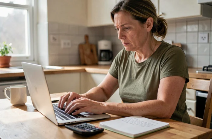 Femme adulte remplissant un dossier de bourse DAEU en ligne depuis son domicile