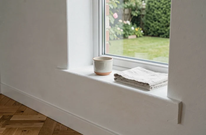 Gros plan sur un encadrement en placo blanc autour d'une fenêtre dans une chambre de style scandinave