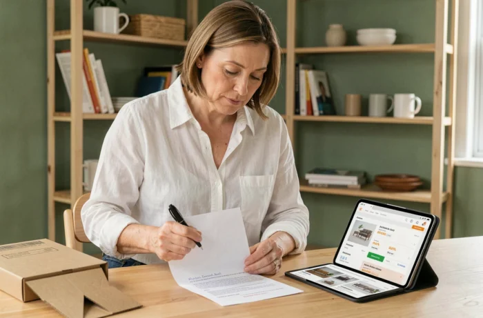 Femme consultant un devis de montage de meuble à domicile sur papier et tablette dans une cuisine scandinave