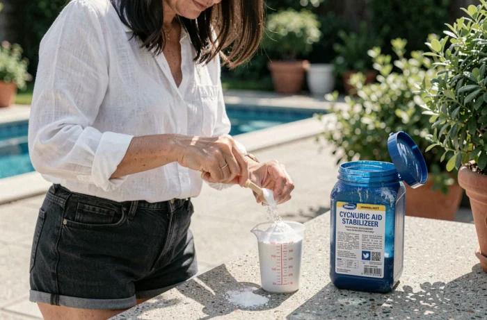 Femme dosant le stabilisant cyanurique en poudre pour le traitement de l'eau d'une piscine