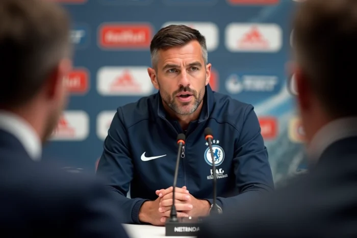Conférence de presse d'un footballeur professionnel en 2026, joueur assis face aux journalistes avec micro et fond aux couleurs de son club