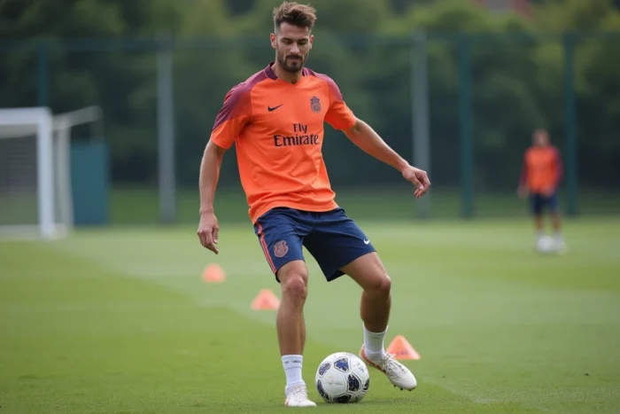 Footballeur professionnel à l'entraînement sur le terrain d'un club, exécutant un exercice de passe avec concentration lors d'une session matinale
