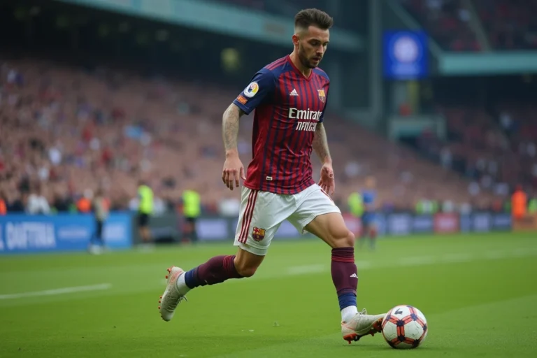 Joueur de football professionnel en action sur le terrain lors d'un match de club en 2026, dribble balle au pied dans un stade rempli de supporters