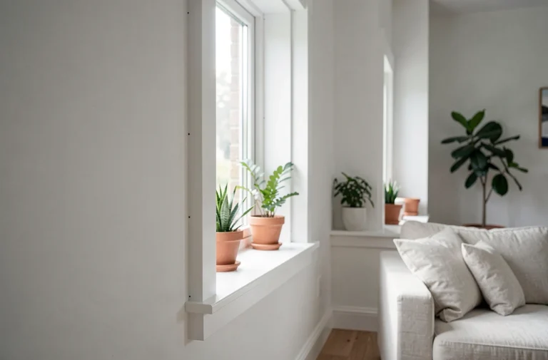 Encadrement en placo autour d'une fenêtre dans un salon moderne avec finitions lisses et détails architecturaux soignés