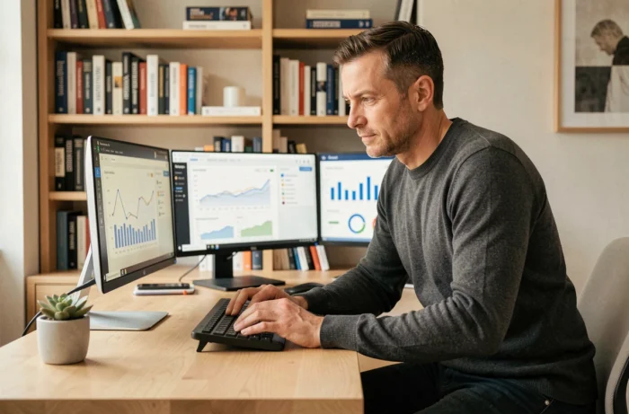 Entrepreneur analysant des métriques de performance sur ordinateur dans un bureau à domicile pour optimiser son activité