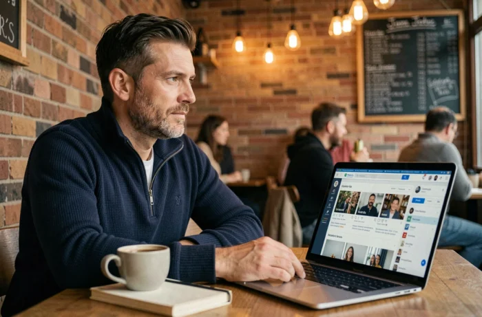 Entrepreneur freelance en marketing digital travaillant sur une campagne publicitaire depuis un café urbain avec un ordinateur portable