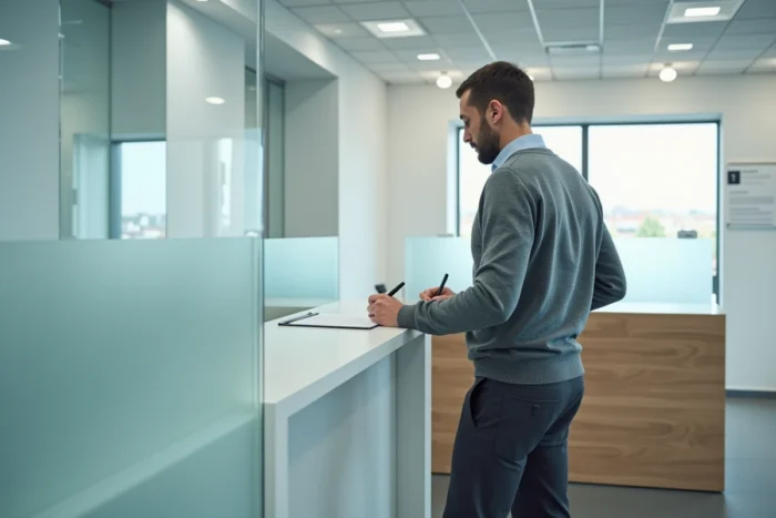 Entrepreneur masculin signant des documents officiels de création de société dans un bureau administratif belge