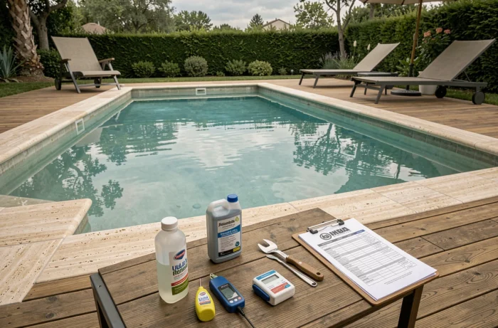 Piscine résidentielle bien entretenue avec kit de test CYA et produits stabilisants posés sur une table en bois au bord du bassin