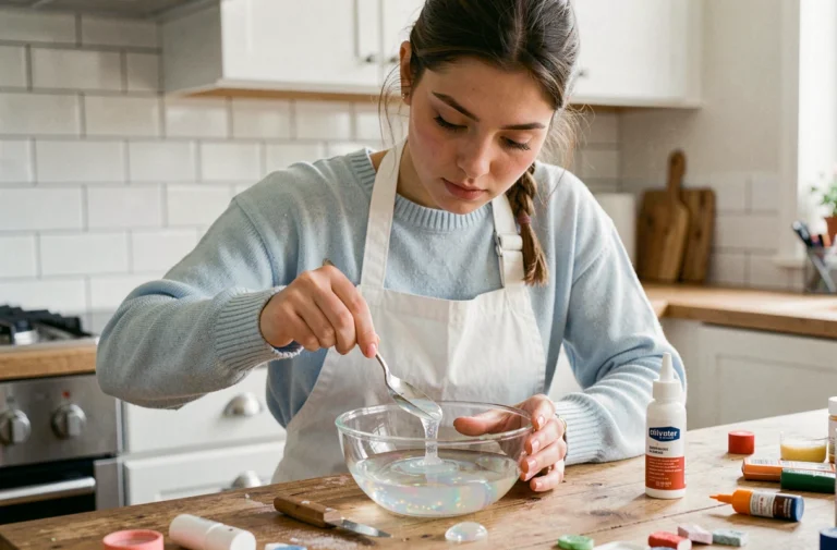 Jeune femme ajoutant de la colle blanche dans un bol de slime trop liquide pour l'épaissir, sur une table en bois avec des fournitures créatives