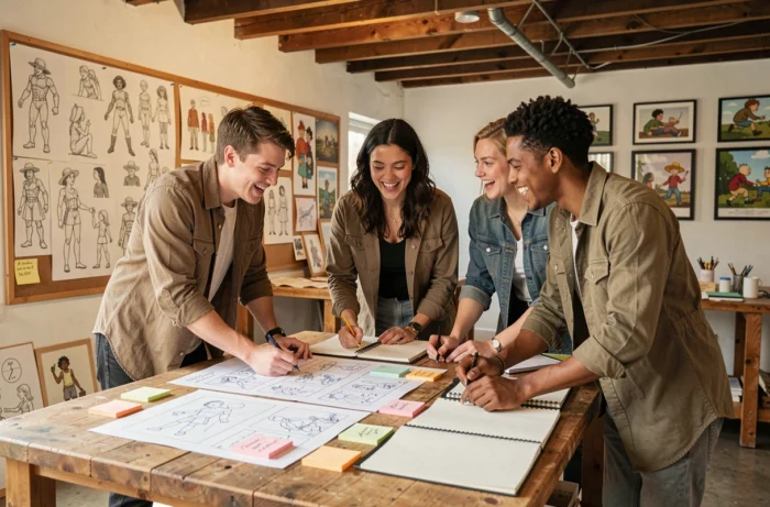 Équipe de jeunes professionnels collaborant sur un projet d'animation autour d'une table de travail créative en studio