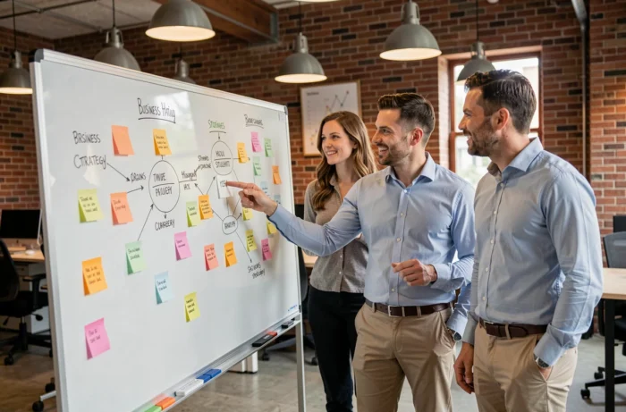 Équipe de professionnels collaborant sur une stratégie innovante autour d'un tableau blanc dans un espace de coworking