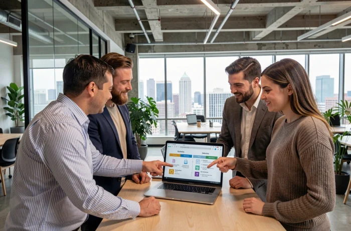 Une équipe de collègues évaluant ensemble des plateformes numériques alternatives à Flazto dans un espace de coworking