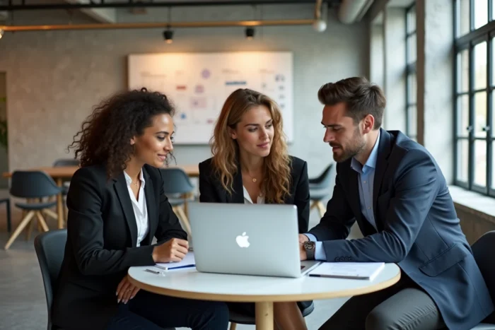 Trois jeunes professionnels collaborant sur un business plan dans un incubateur de startups à Bruxelles