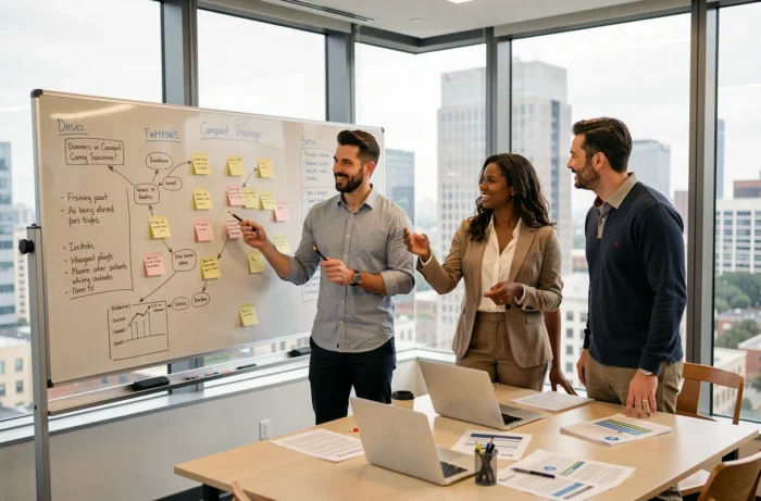 Équipe marketing diversifiée élaborant une stratégie digitale collaborative sur un tableau blanc dans une salle de réunion moderne