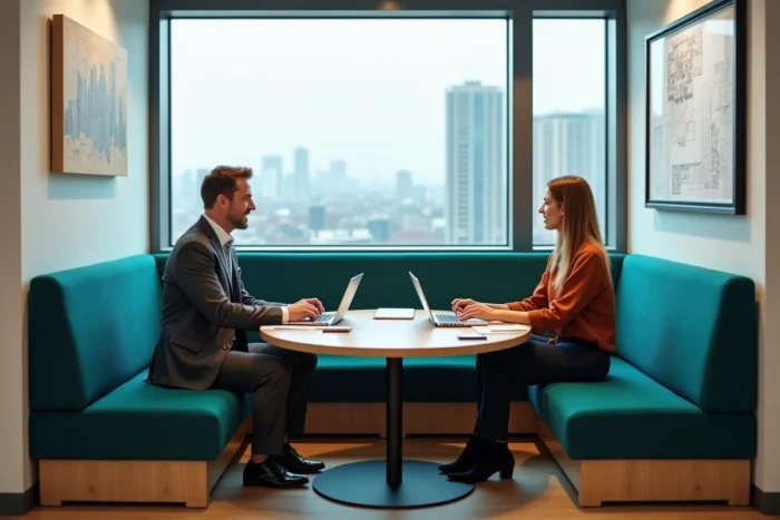 Espace de réunion collaboratif sur mesure avec banquette intégrée en tissu teal et table en chêne dans un bureau moderne