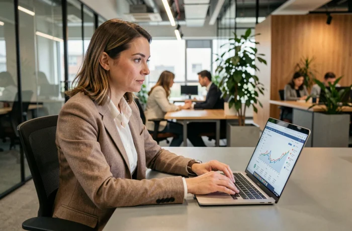 Femme professionnelle analysant des données de profil en ligne sur un ordinateur portable dans un bureau moderne