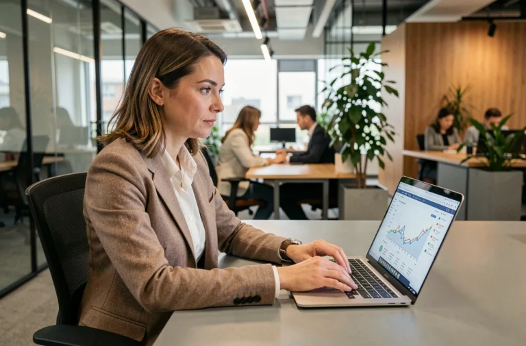 Femme professionnelle analysant des données de profil en ligne sur un ordinateur portable dans un bureau moderne