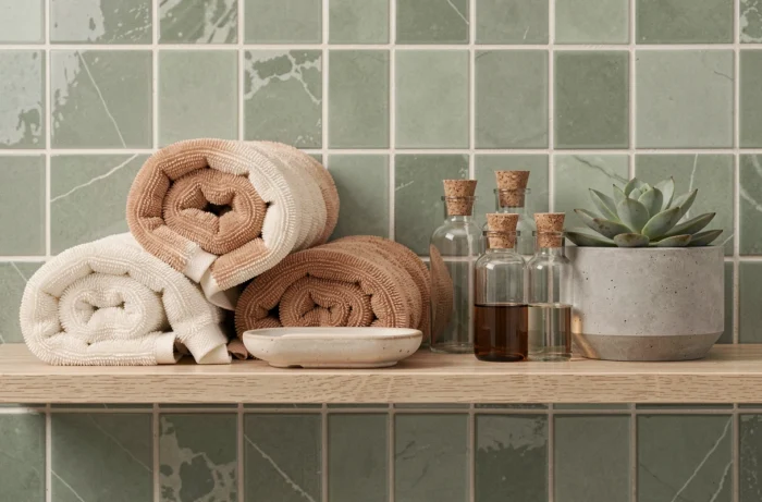 Étagère de salle de bain décorée avec serviettes roulées, carreaux zellige et plante succulente pour un intérieur raffiné