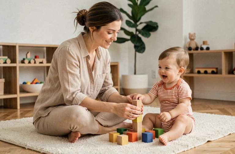 Mère et jeune enfant jouant ensemble avec des cubes en bois colorés sur un parquet en bois clair dans un salon cosy et chaleureux