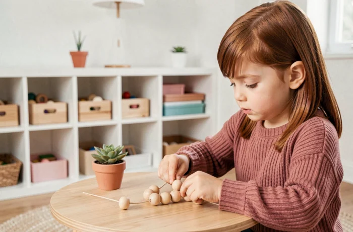 Enfant de 3 ans concentré sur un exercice de motricité fine avec des perles en bois dans une salle de jeux Montessori lumineuse
