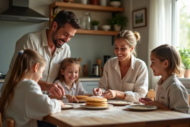 Famille réunie autour d'une table en bois pour préparer des crêpes ensemble le matin, ambiance chaleureuse et authentique dans une cuisine familiale