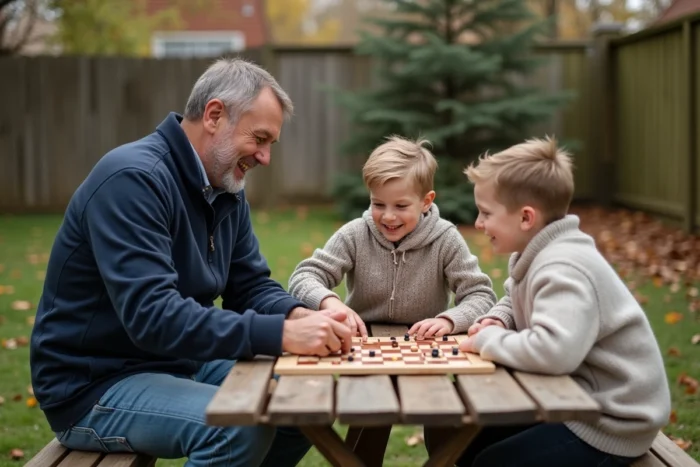 Père jouant à un jeu de société avec ses enfants dans le jardin en automne, moment de plaisir et de complicité en famille à l'extérieur
