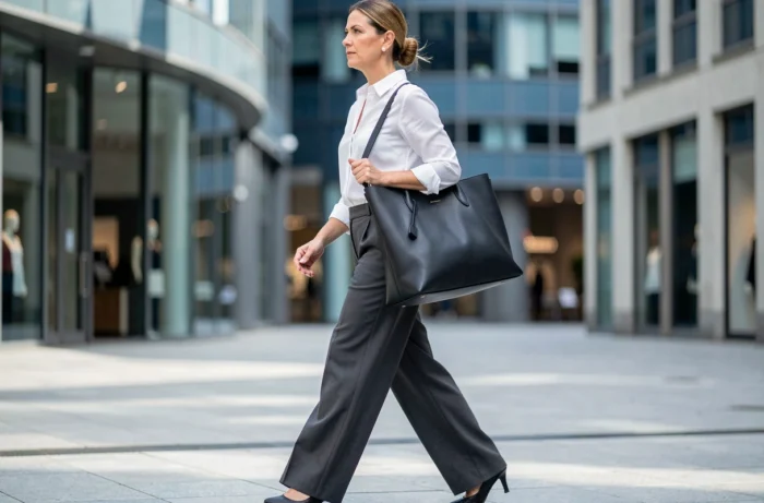 Femme active et élégante traversant une place urbaine avec un sac tote en cuir noir, illustrant les accessoires indispensables au quotidien