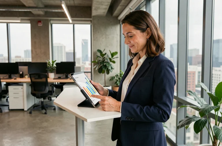 Femme d'affaires analysant des données de croissance sur une tablette dans un bureau moderne pour booster son business