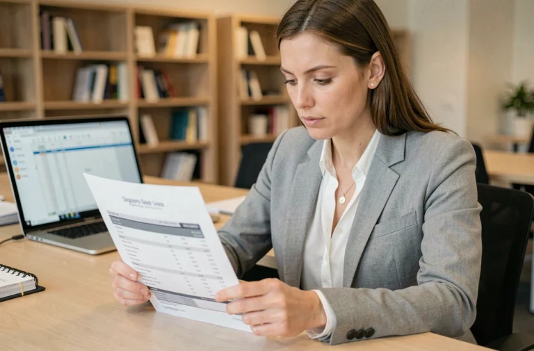 Femme professionnelle analysant une facture détaillée avec des lignes de prix IA dans un bureau moderne