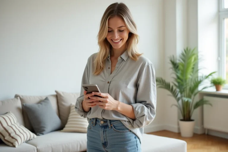 Femme utilisant une application mobile de décoration intérieure dans un salon moderne au style scandinave