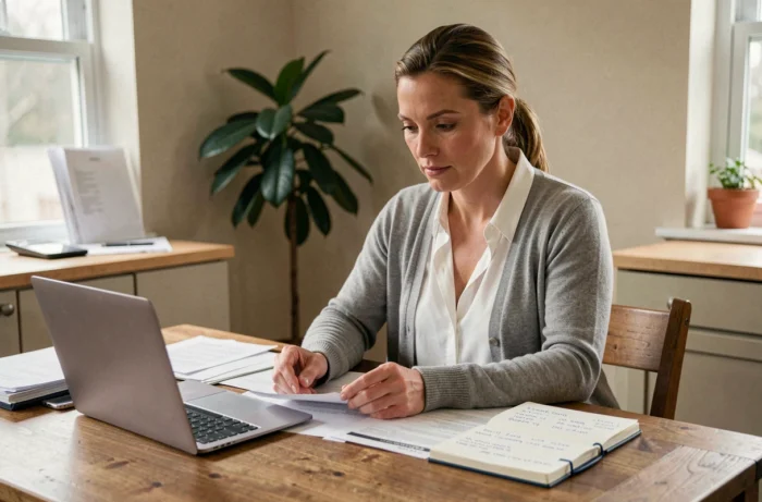 Femme concentrée qui révise son budget personnel à la table de cuisine pour redresser sa situation financière