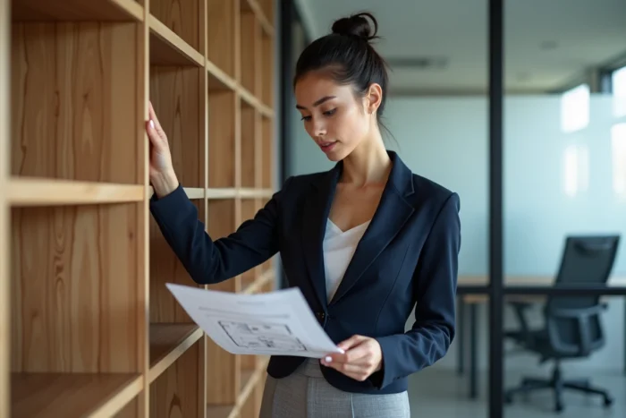 Femme professionnelle dans un bureau privé aménagé sur mesure avec étagères en chêne et cloisons en verre dépoli