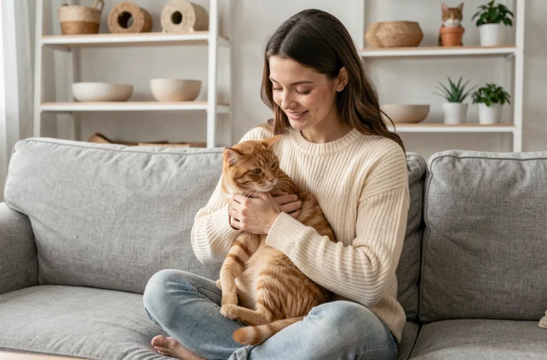 Jeune femme tenant affectueusement un chat roux dans ses bras dans un salon scandinave décoré d'accessoires pour chats