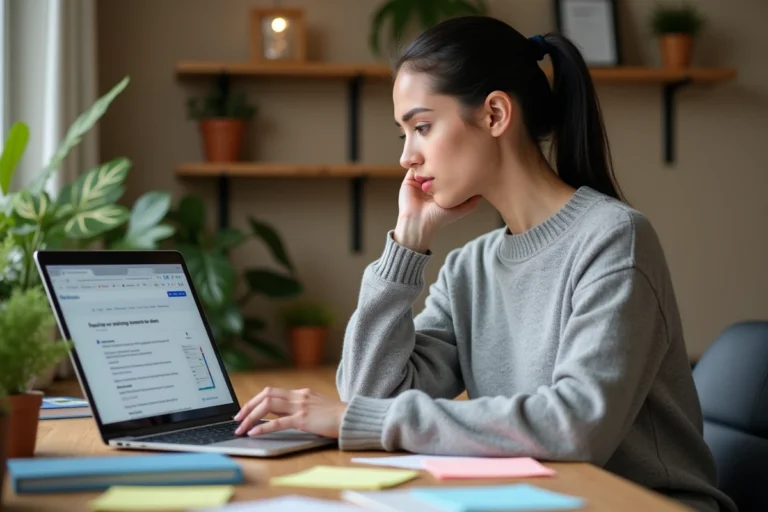 Femme comparant des annuaires en ligne alternatifs sur son ordinateur portable dans un bureau moderne